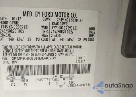 2017 Ford Edge Titanium z USA, uszkodzony, nr VIN 2FMPK4K83HBB40231